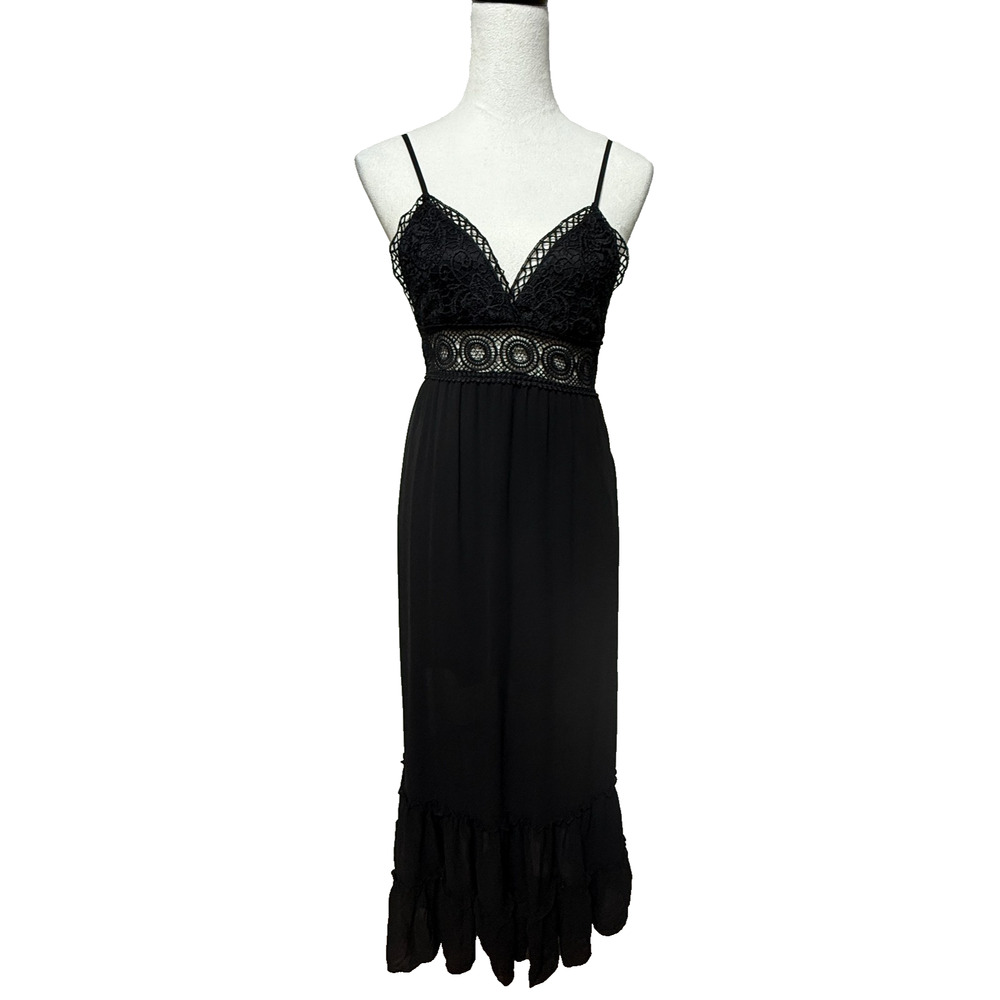 Blashe Baby Doll Dress Small Black Maxi Y2K Whimsigoth‎ Tiered Embroidered